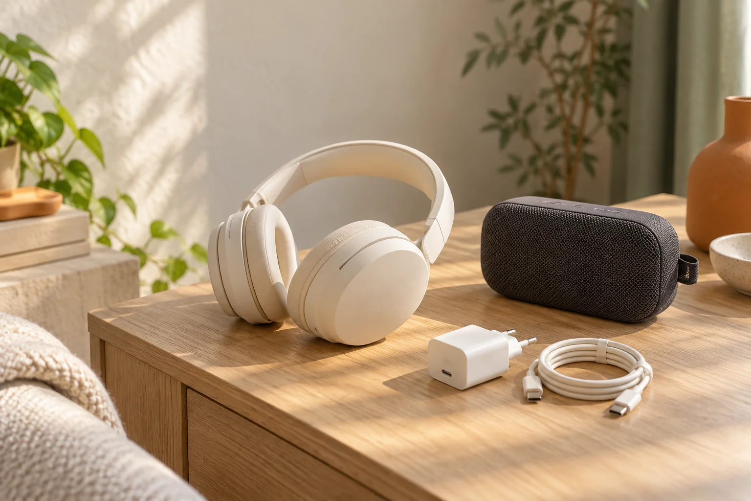 Koptelefoon, speaker en oplader op een tafel in huis